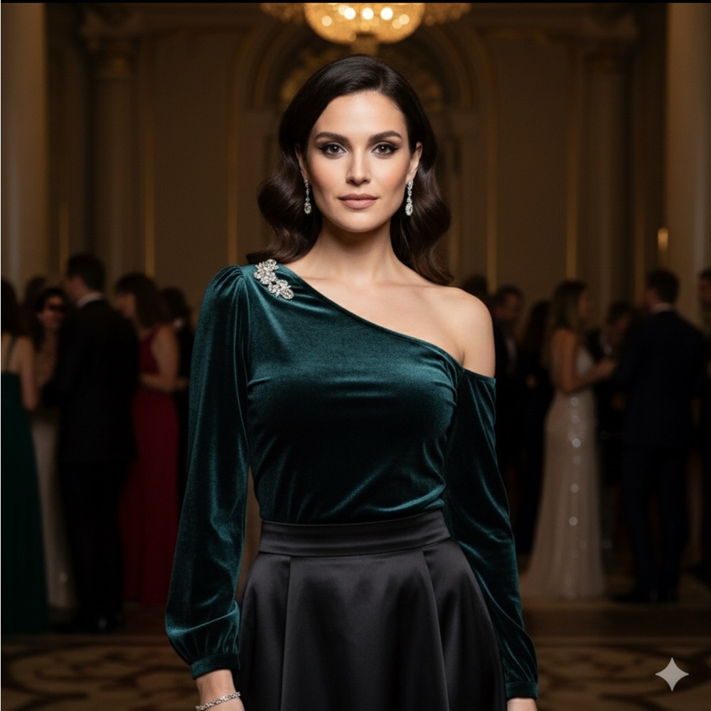 NWT CeCe Hunter Green Velvet One Shoulder Embellished Top Size M Modern Regency